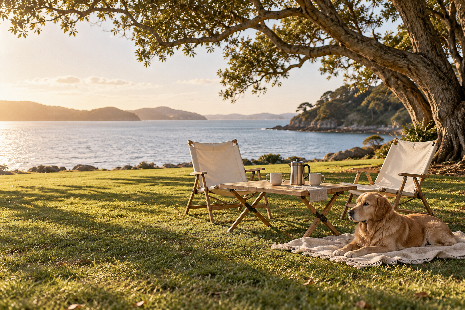 A sunny park picnic with folding chairs, a wooden table and a golden retriever